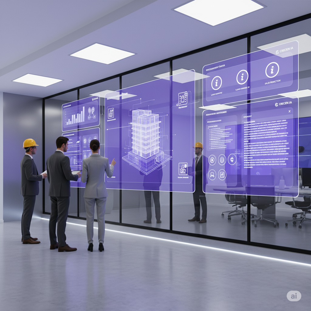 Equipo de obra revisando planos digitales en la construcción